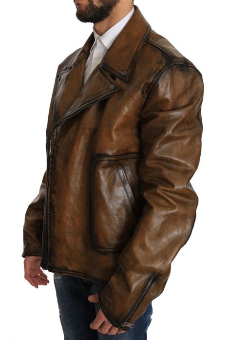 dolce gabbana leather biker jacket brown